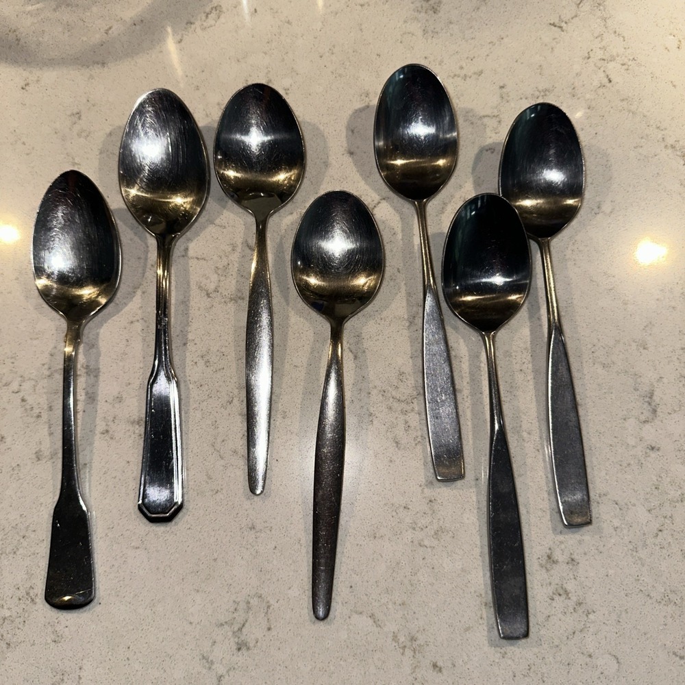 7 MCM Stainless Steel Soup Spoons Assorted Lot Vintage Mid Century Modern Silver